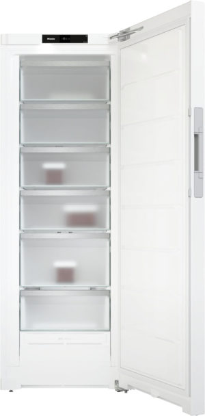 Open white upright freezer with six translucent pull-out drawers and a door ajar on the right side.