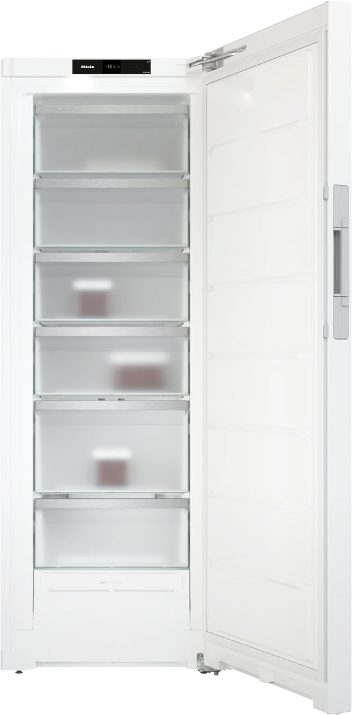 Open white upright freezer with six translucent pull-out drawers and a door ajar on the right side.