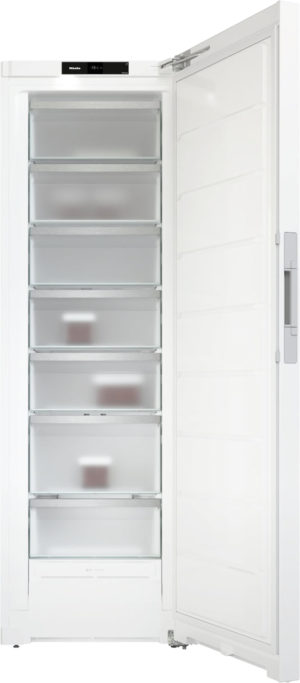 Tall white Miele upright freezer with seven transparent pull-out drawers, door open.