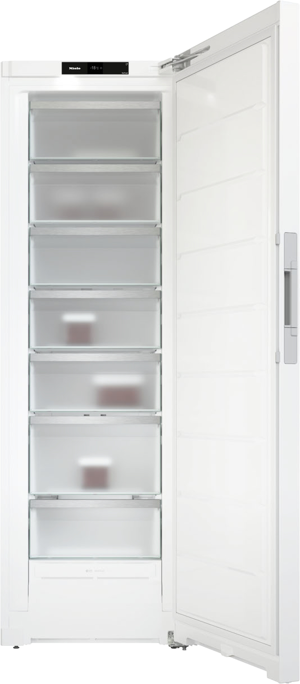 Tall white Miele upright freezer with seven transparent pull-out drawers, door open.