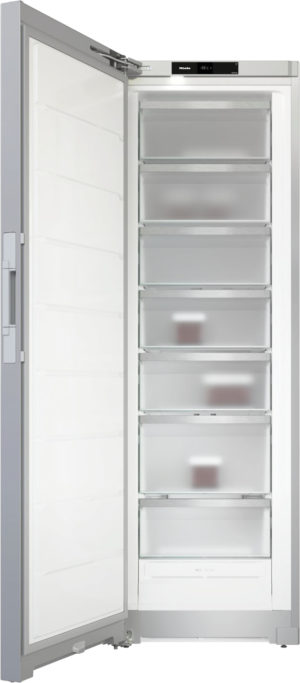 Tall, open Miele freezer with seven transparent drawers, a door on the left, and a digital display at the top.
