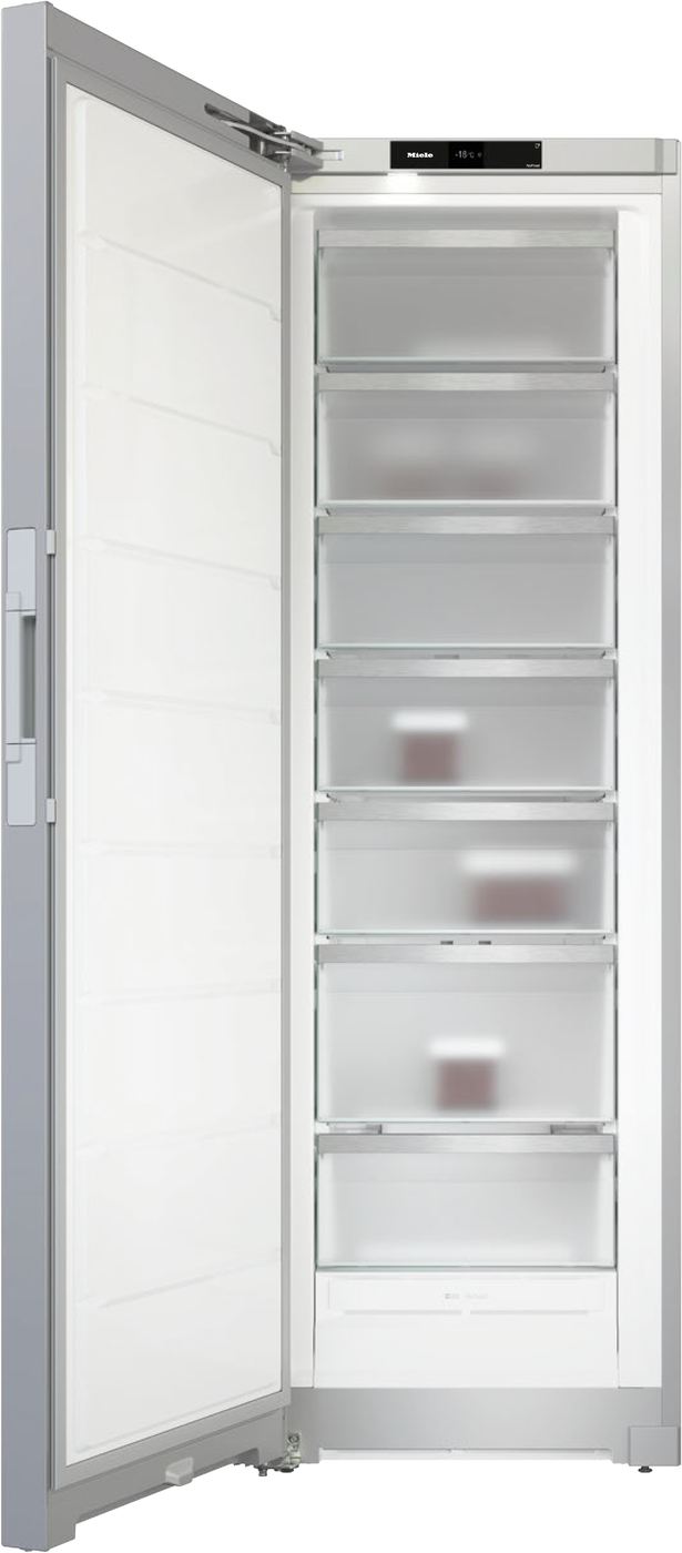 Tall, open Miele freezer with seven transparent drawers, a door on the left, and a digital display at the top.