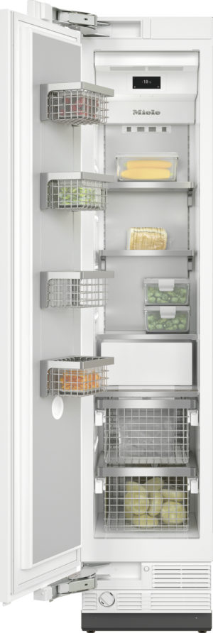 Open Miele refrigerator interior with shelves holding corn, bread, vegetables, and two wire door baskets.