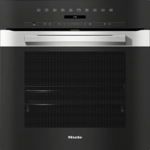 Miele built-in oven with a stainless steel handle and black glass front, top control panel with icons