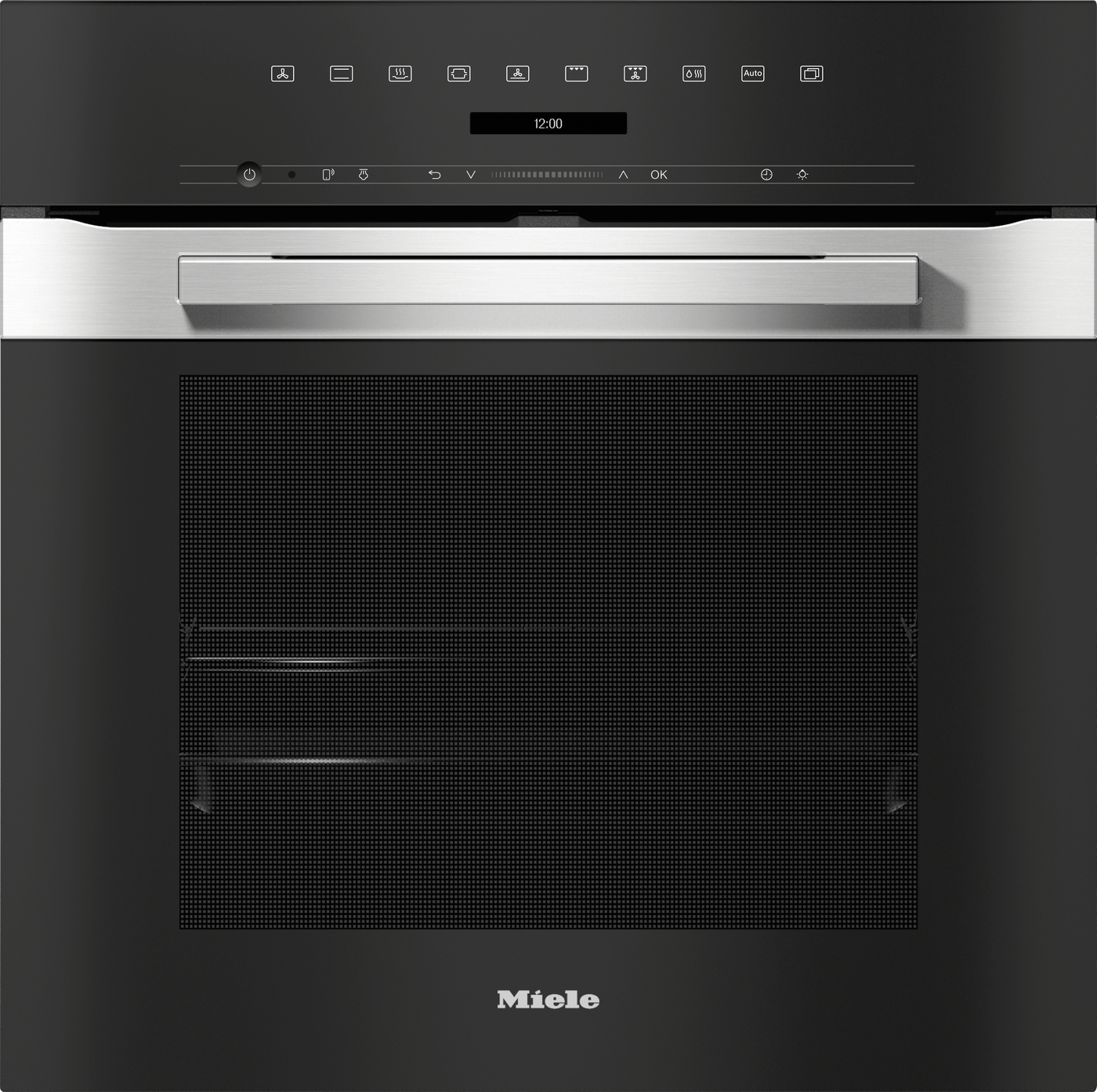 Miele built-in oven with a stainless steel handle and black glass front, top control panel with icons