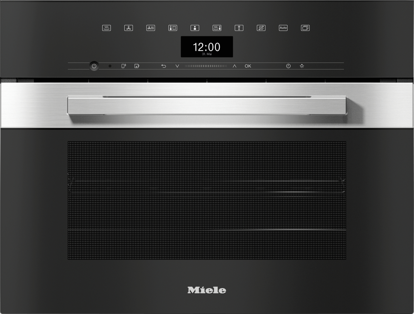 Built-in Miele oven with a stainless steel handle and black control panel showing the time 12:00 on a digital display.