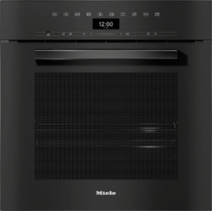 Front view of a black Miele built-in oven with a digital clock reading 12:00, control icons along the top, and a long horizontal handle on the door.