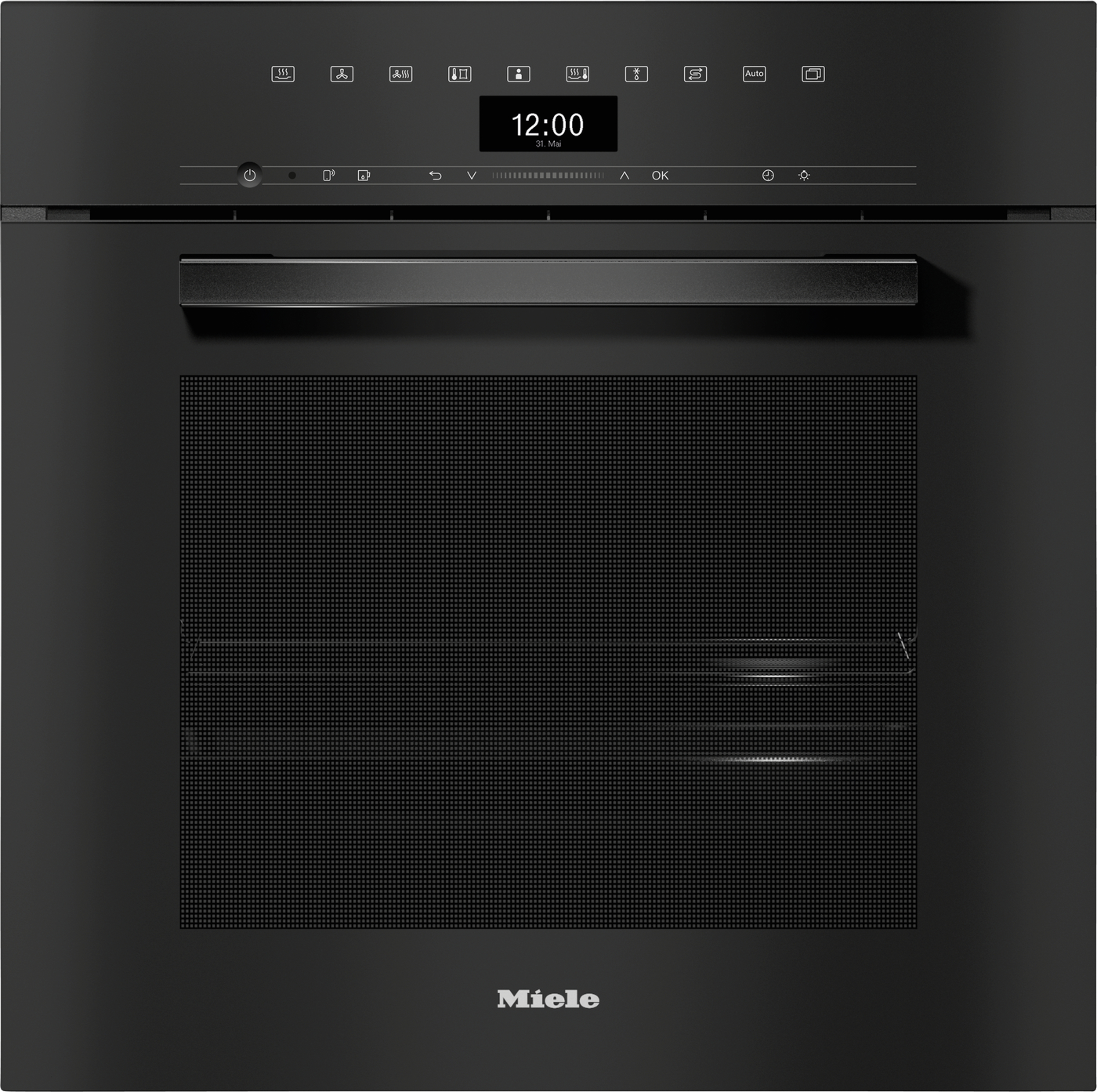 Front view of a black Miele built-in oven with a digital clock reading 12:00, control icons along the top, and a long horizontal handle on the door.