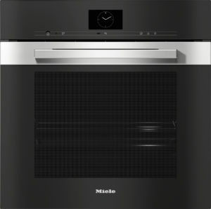 Black Miele built-in oven front with a wide horizontal stainless handle and a control panel above, featuring a centered clock display.