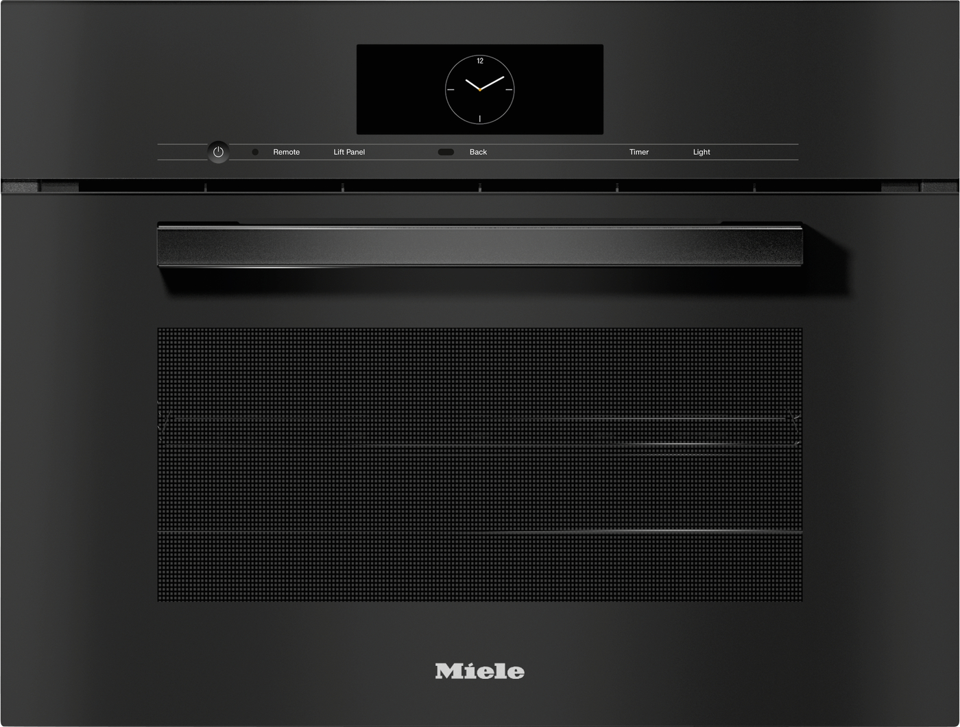 Black Miele built-in oven with a front control panel, clock display, and long handle on a textured lower vent panel