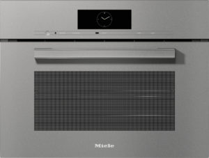 Front view of a stainless steel Miele oven with a black control panel, circular clock display, and long horizontal handle above a large vented door.