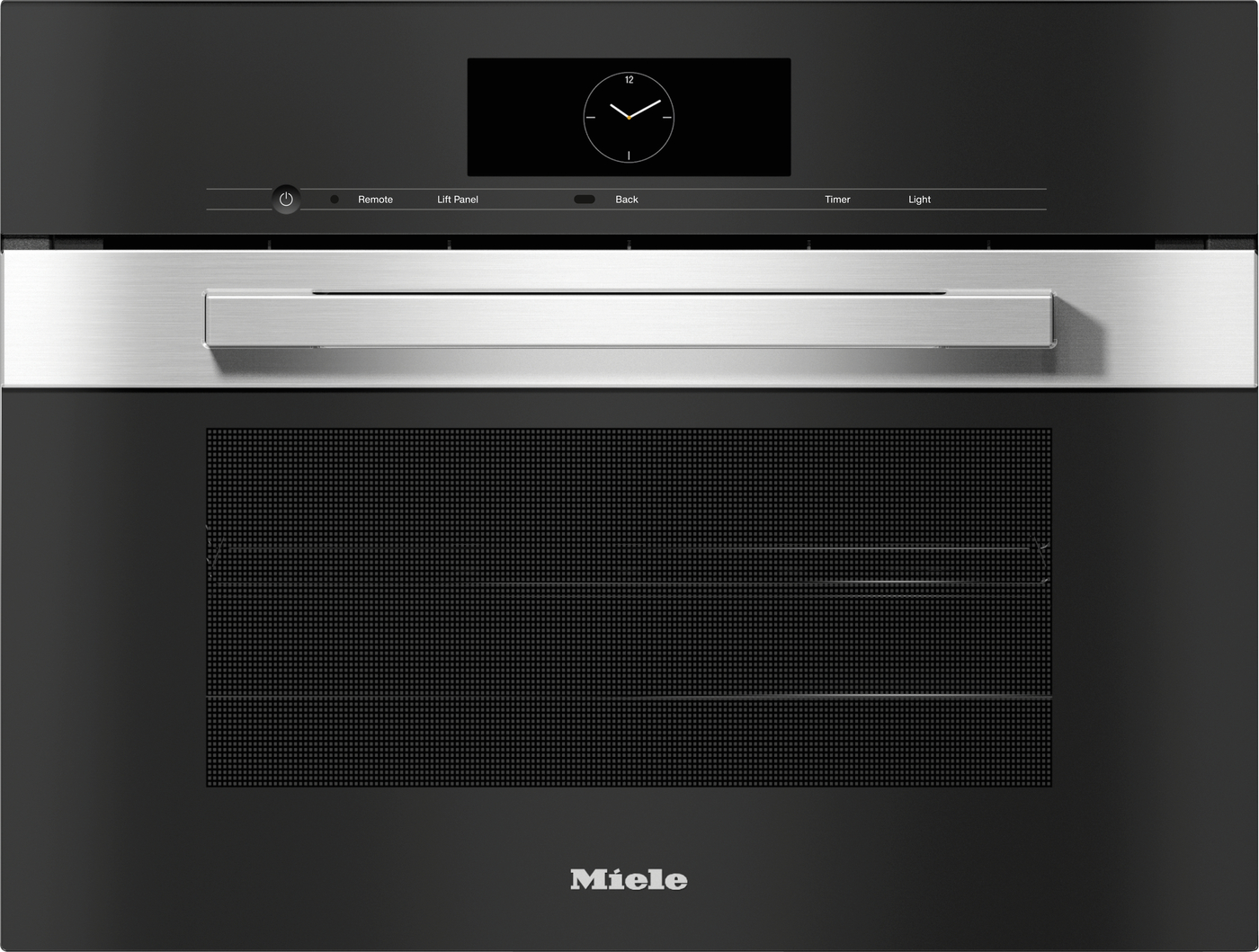Front view of a black Miele oven with a circular clock on the control panel and a brushed stainless steel handle above the door.