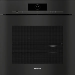 Front of a black Miele built-in oven with a small clock display and a slim control panel across the top.