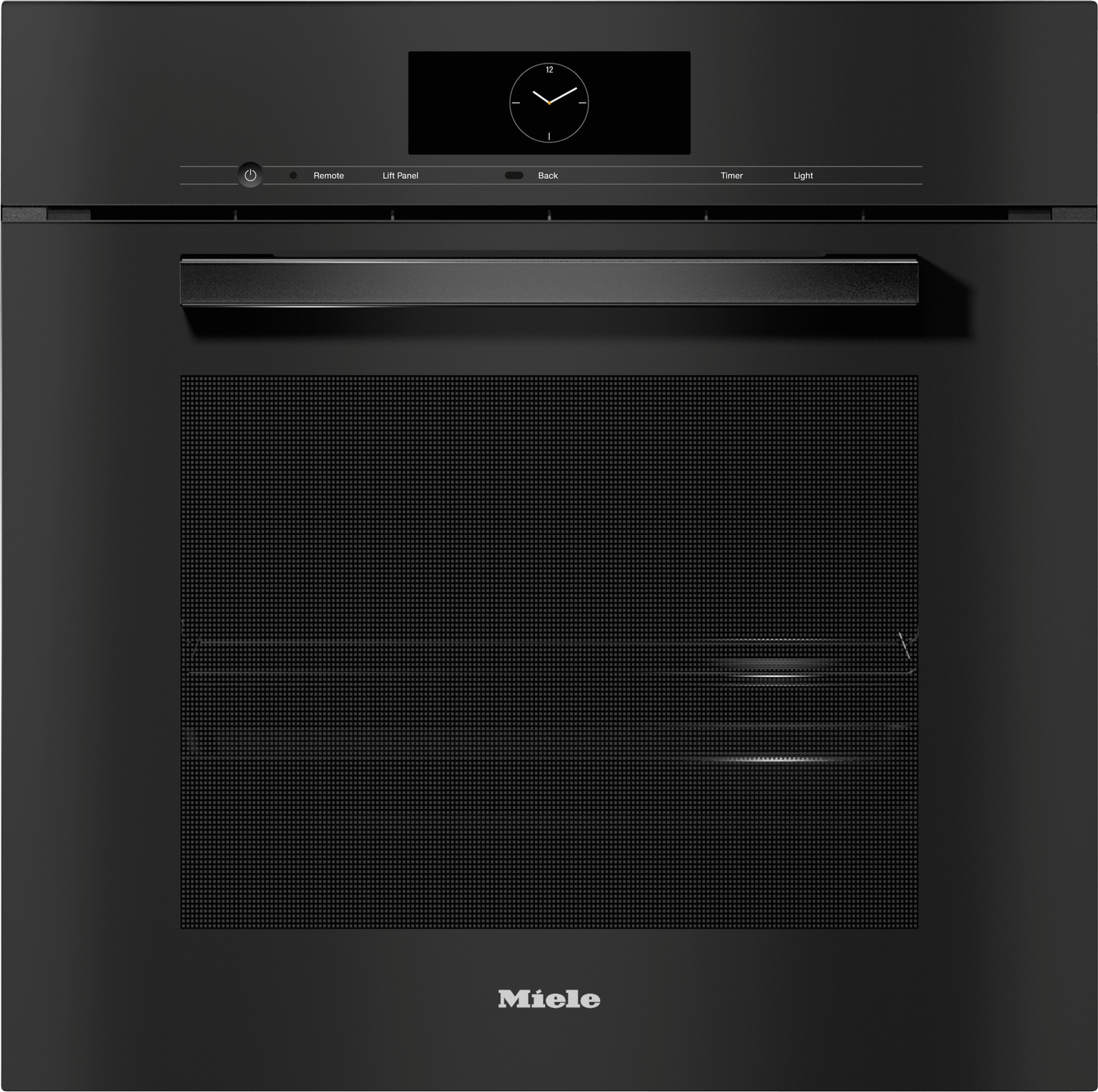 Front view of a black Miele built-in oven with a long horizontal handle and a central control panel featuring a clock display at the top, on a matte black kitchen façade.