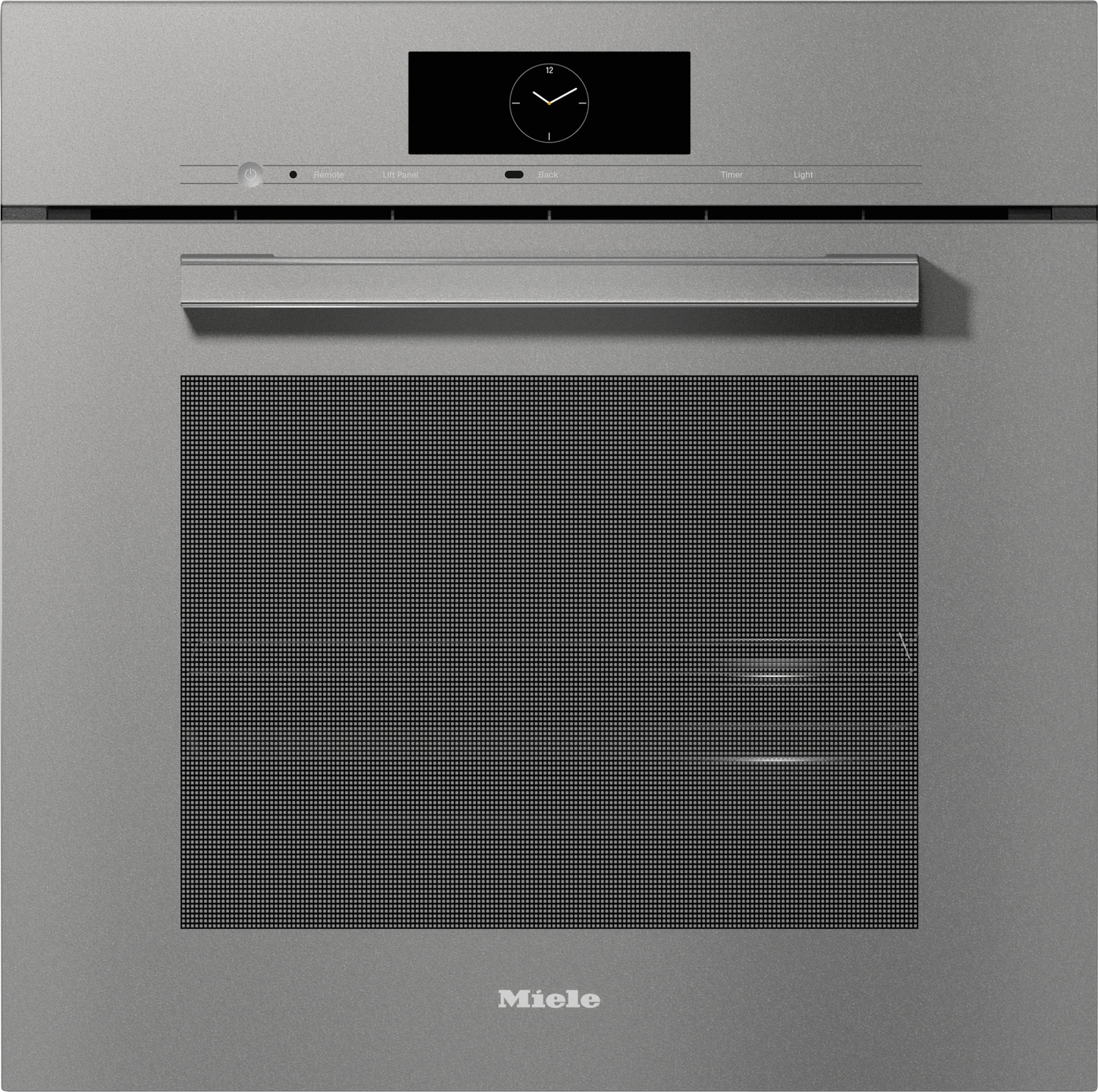Built-in Miele oven with a clock display, horizontal control panel, and long metal handle on a metallic kitchen front.