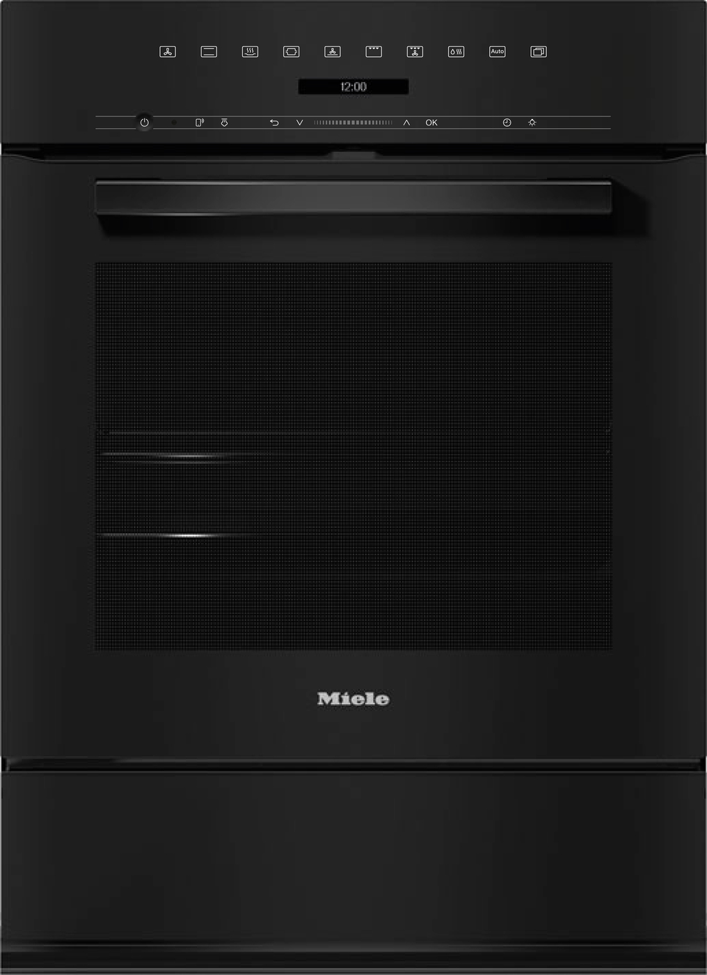 Black Miele oven with a digital clock, touch control panel and metal handle above a bottom storage drawer; sleek built-in kitchen appliance.