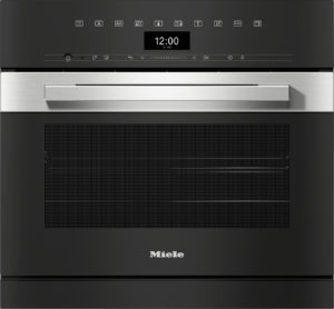 Front view of a black Miele oven with a wide stainless-steel handle and a slim control panel above the door.