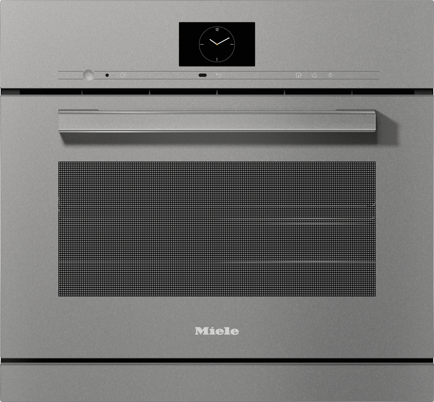 Front view of a silver Miele oven with a large horizontal handle, control panel along the top, and a circular clock display on the door