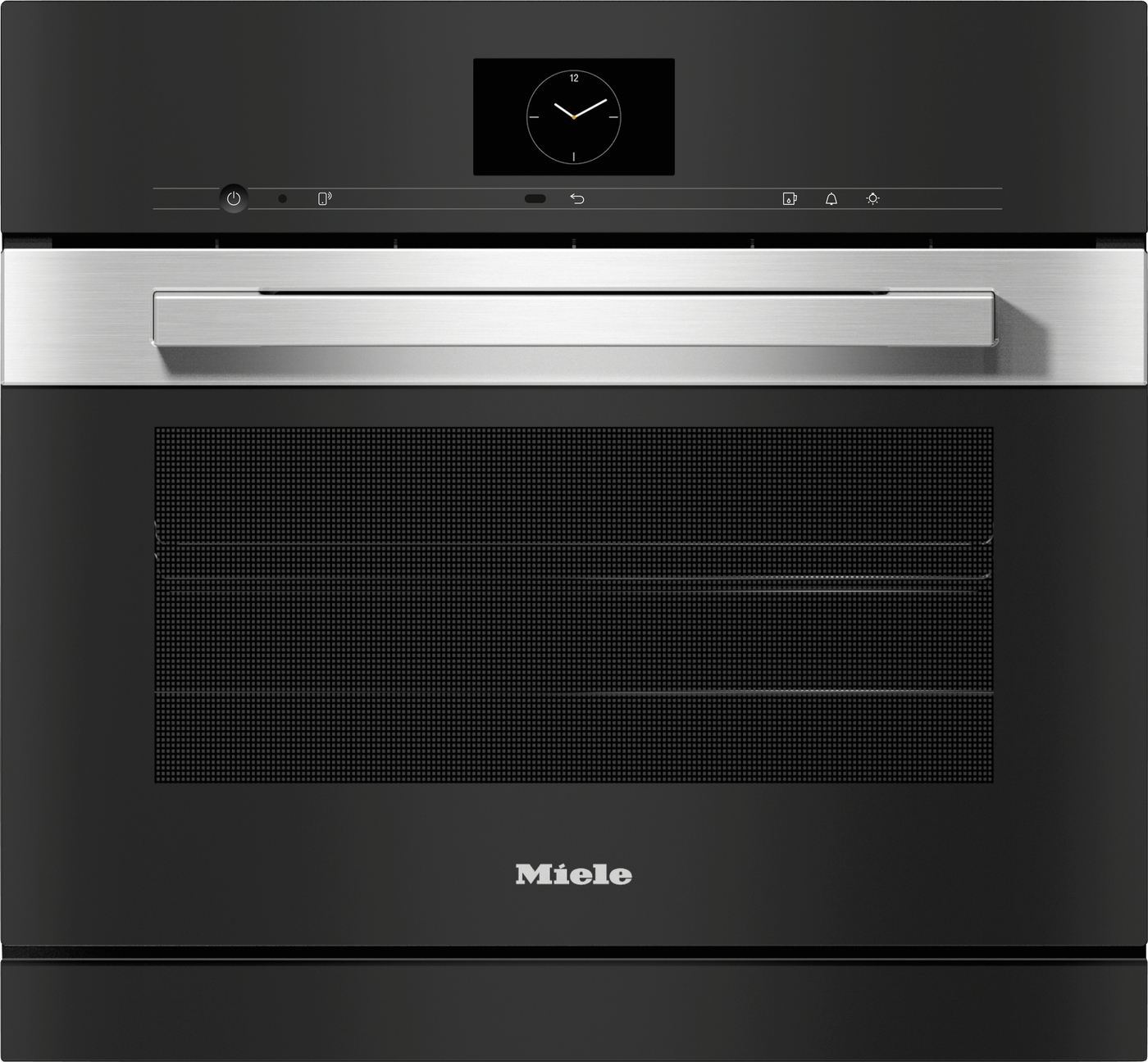 Front view of a black Miele oven with a large stainless steel handle and a central clock display on the upper panel.