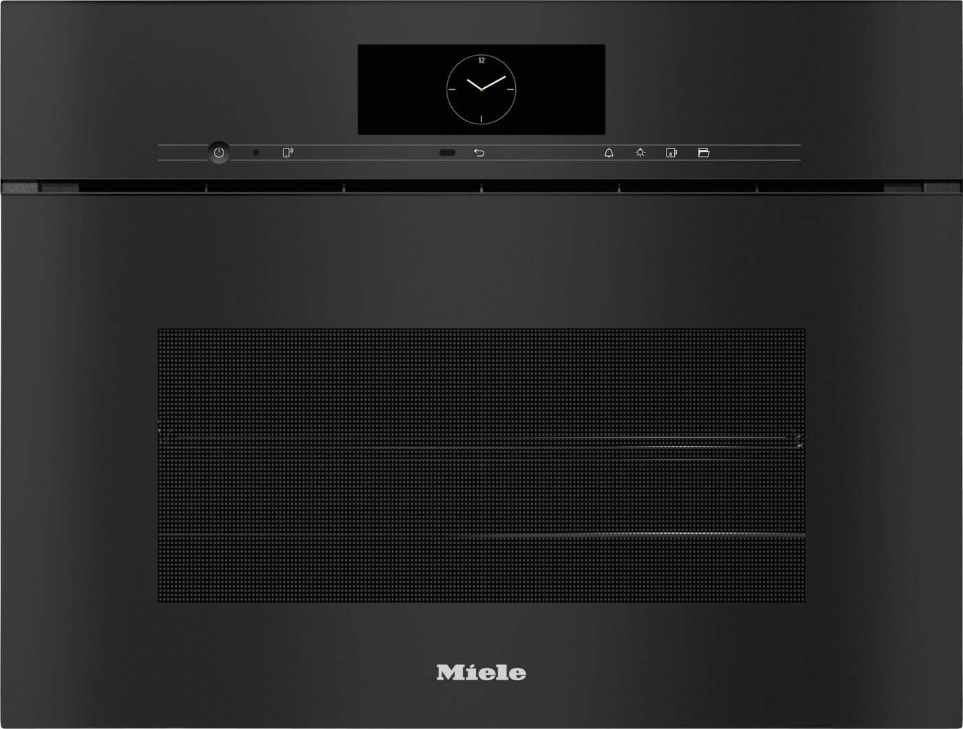 Front view of a black built-in Miele oven with a centered clock display and slim control panel above a large vent grille.