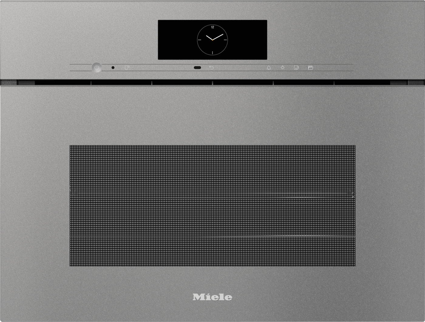 Front of a Miele built-in oven with a small circular clock display on a black panel and slim control strip above a wide vented door.