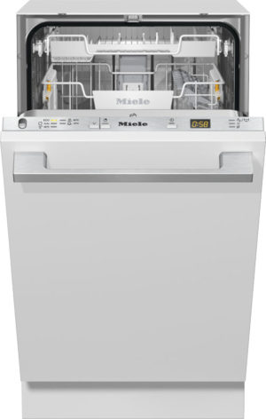 Open front-loading Miele dishwasher with racks visible and a digital timer on the control panel