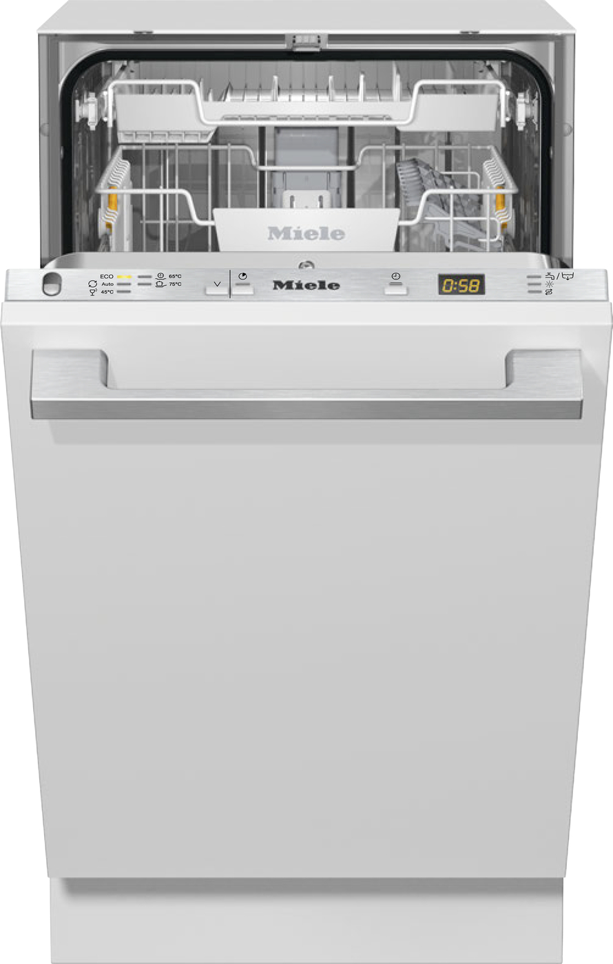Open front-loading Miele dishwasher with racks visible and a digital timer on the control panel