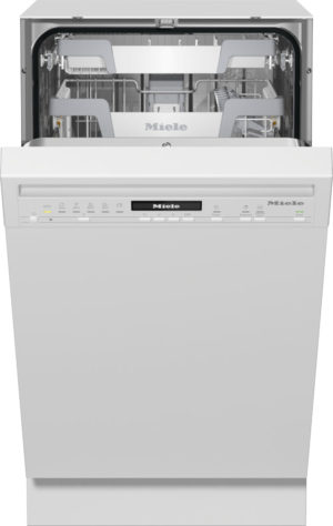 White Miele dishwasher with door open, showing the upper and lower racks inside.