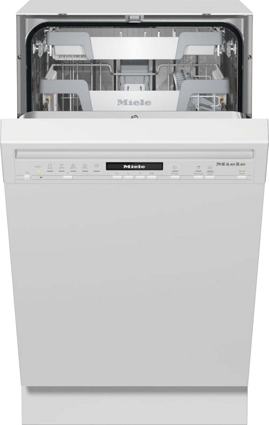 White Miele dishwasher with door open, showing the upper and lower racks inside.