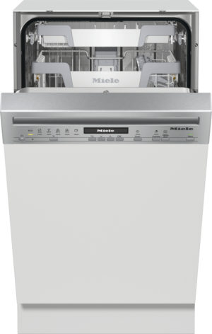 Front view of an open Miele dishwasher showing stainless interior and loading racks