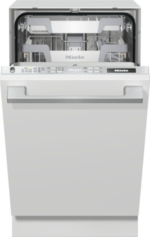 Open Miele dishwasher showing interior racks and spray arms visible inside the stainless steel tub