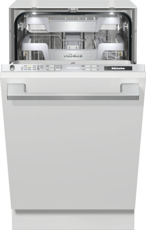 Miele dishwasher with door open, showing stainless interior and upper and lower racks.