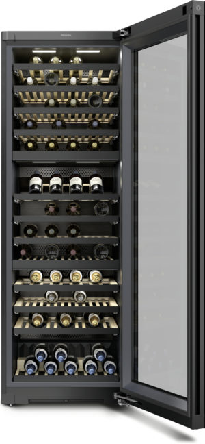 Full-height wine refrigerator with multiple shelves filled with bottles and a glass door open to the side.
