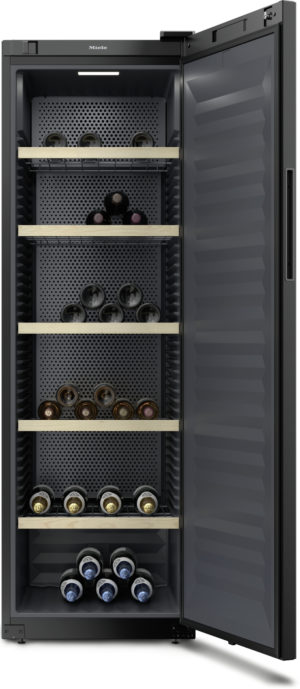 Black Miele wine cooler with multiple wooden shelves holding wine bottles, door open to display the interior racks.