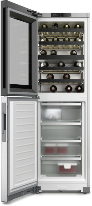 Tall stainless-steel wine cooler with bottle racks on top and a bottom freezer with glass drawers.