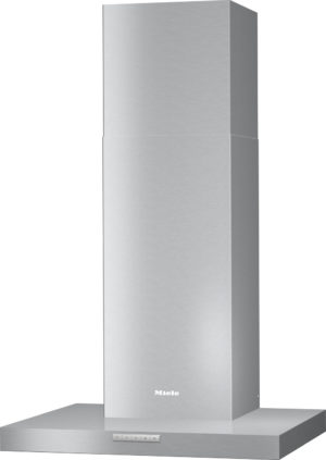 Stainless steel chimney range hood with a wide base and tall vertical chimney, control panel on the front edge, Miele logo at the bottom center.