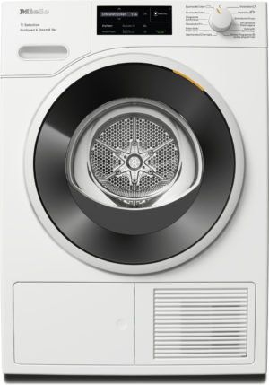 Front-loading Miele washing machine with a large circular door, digital display, and control dial; orange indicator showing the selected cycle.