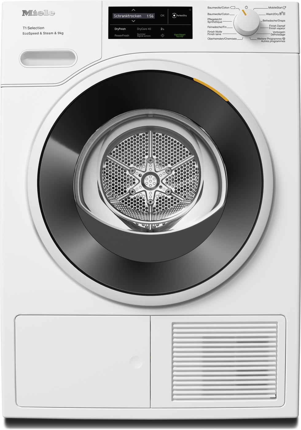 Front-loading Miele washing machine with a large circular door, digital display, and control dial; orange indicator showing the selected cycle.