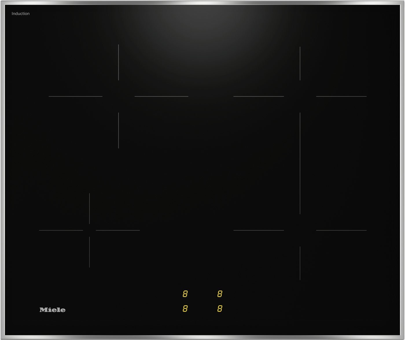 Miele induction cooktop on a black glass surface with four burner zones and a subtle glow from the control area at the bottom center.