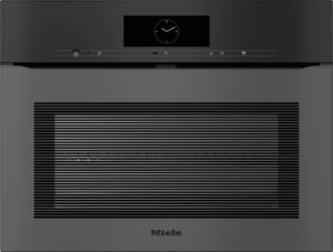 Front view of a Miele built-in oven with a central clock display on the top panel and a wide vented door below.