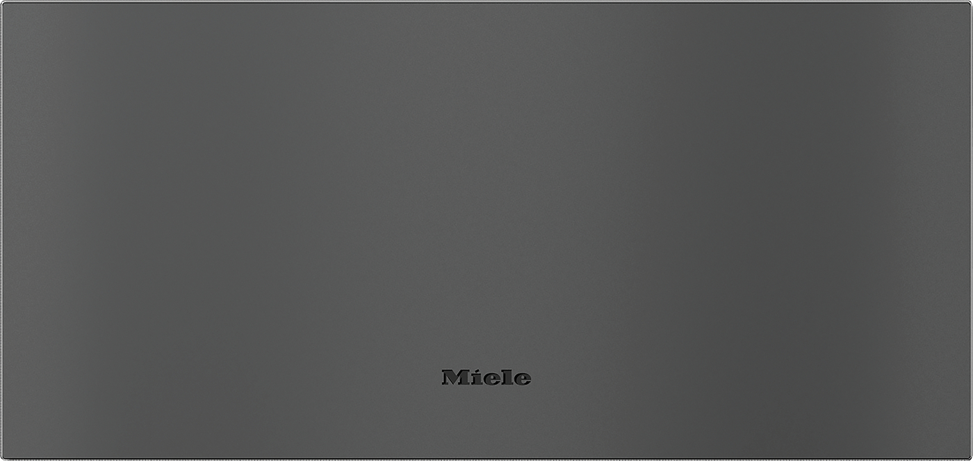Gray textured appliance panel with the Miele logo centered near the bottom.