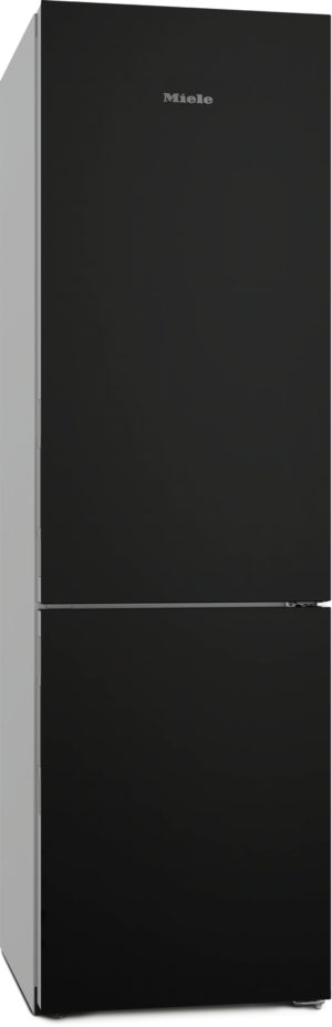 Two-door black Miele refrigerator with a bottom freezer, photographed from the side with a slim, minimalist profile and a matte finish.