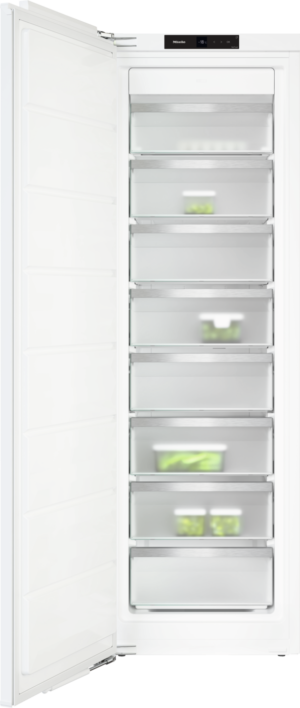 White upright freezer with seven pull-out glass-front drawers, door open to the left; control panel at top.