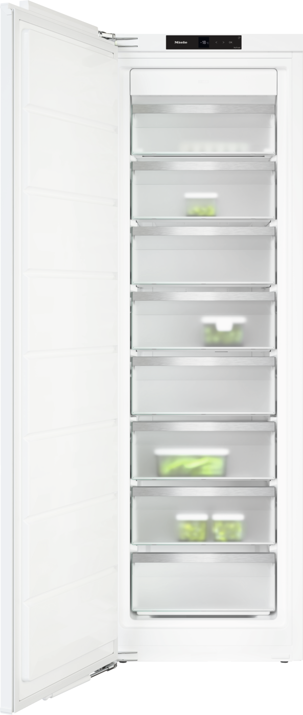 White upright freezer with seven pull-out glass-front drawers, door open to the left; control panel at top.