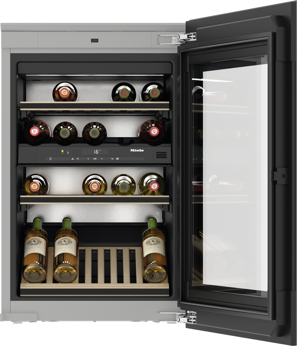 Open wine cooler with multiple bottle racks and a glass door, showcasing red and white wine bottles and a digital temperature display.