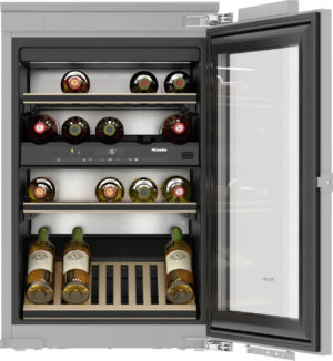 Open wine fridge showing multiple bottles on racks, glass door, and bottom bottle rack visible in the interior.
