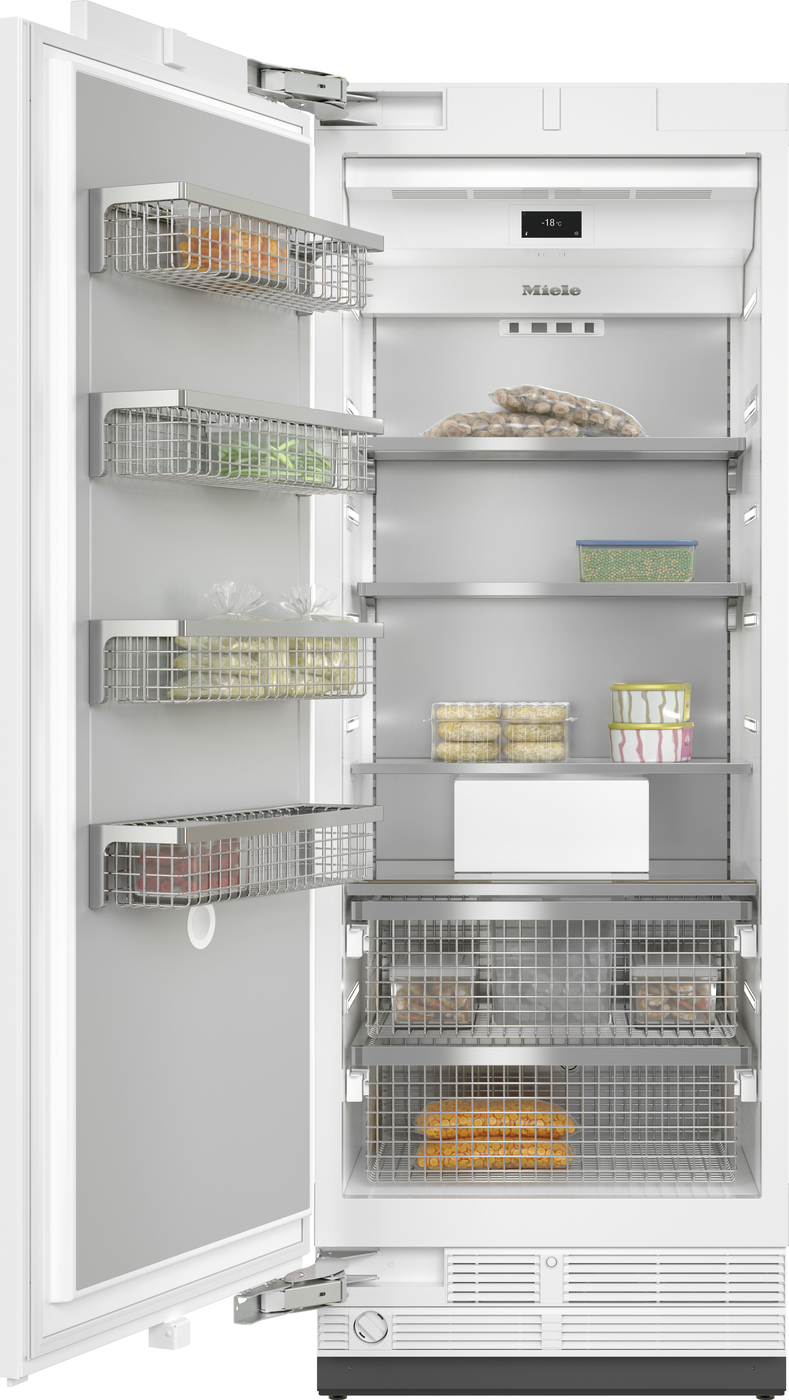Open Miele refrigerator showing organized shelves with vegetables, bread, containers, and frozen items.