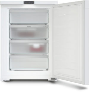 Open white refrigerator with multiple pull-out drawers and a top freezer compartment, showing a clean interior and Miele branding on the drawer rail area.