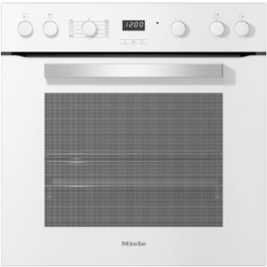 Front view of a white Miele built-in oven with five control knobs, a digital clock, and a wide stainless handle above a large oven door.