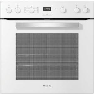 Front view of a Miele built-in oven with six control knobs, a digital clock, and a large glass door. I.D. brand: Miele.
